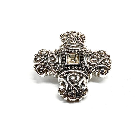Chunky ! - Sterling Silver Cross Pendant Scrolling Design Citrine Pendant - Picture 5 of 6